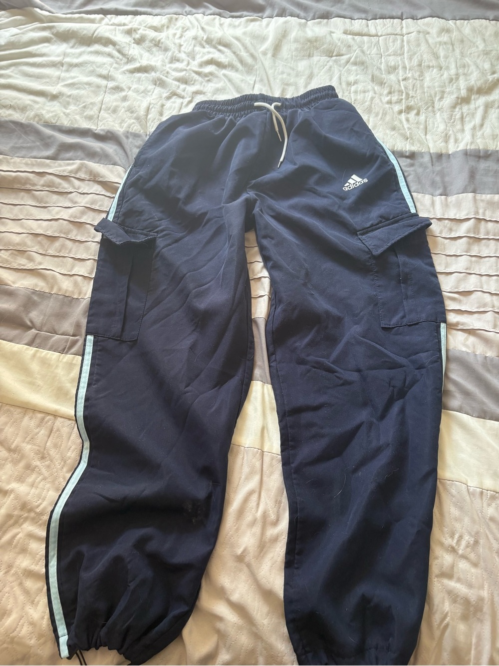 adidas Navy Cargo Joggers with Light Blue Side Stripes